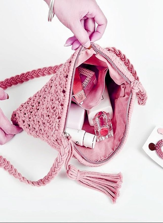 Urooz Women Macrame Cross-Body Boho Chic Handmade Natural Fiber Cord Yarn Small Mini Casual Festival Beach Bohemian Fringe Tassel Woven Textile PINK COLOUR - Image 3